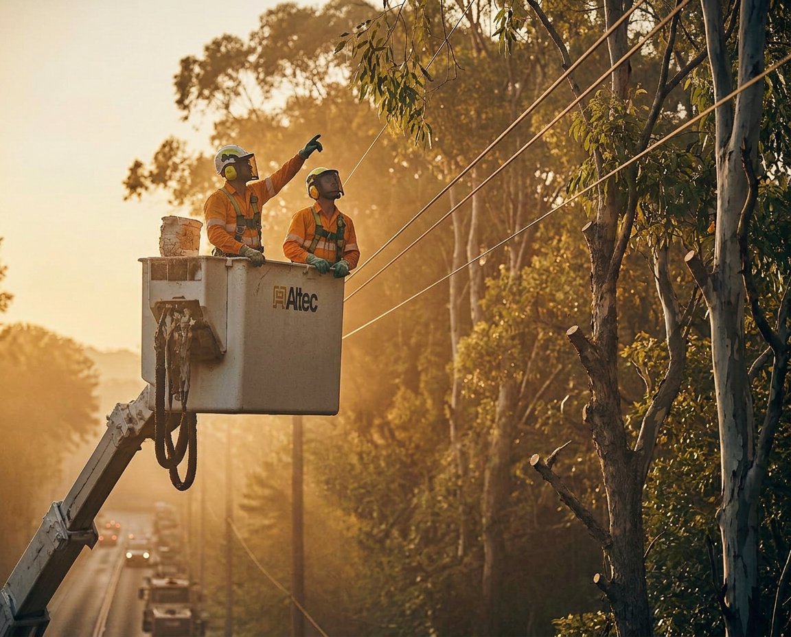 Utility arborists in an elevated work platform assessing gum trees growing near powerlines