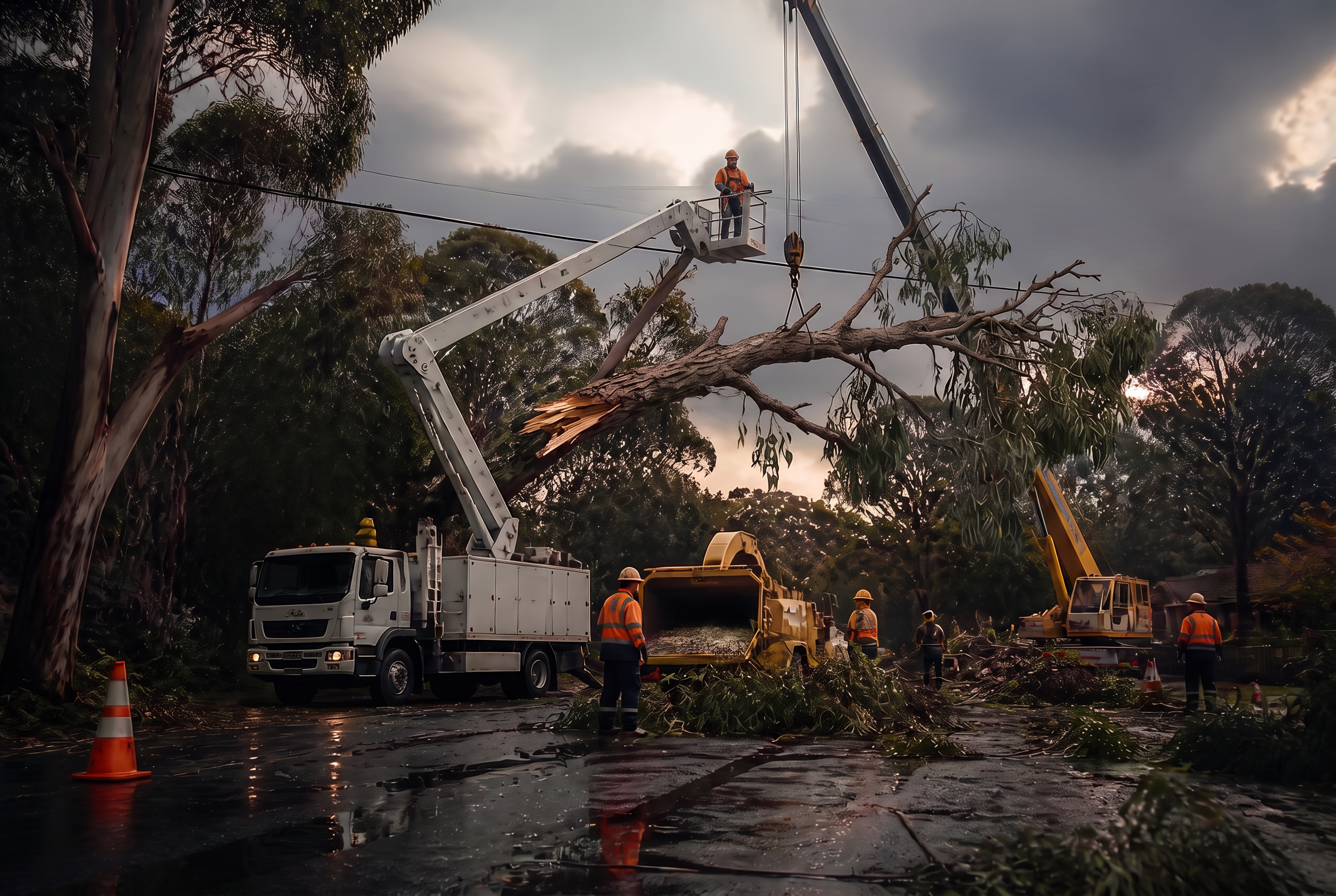 Storm response crew clearing a fallen gum tree from powerlines with an elevated work platform, crane and chipper